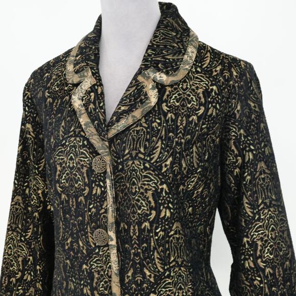 Chicos Jacket 1 Womens Medium 8 Black Gold Metallic Lined Burn out Brocade New - Picture 8 of 16
